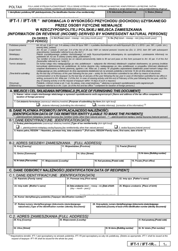 IFT-1R(13) - Informacja o wysokości przychodu (dochodu) uzyskanego przez osoby fizyczne niemające w Rzeczypospolitej Polskiej miejsca zamieszkania IFT-1R(13) - Informacja o wysokości przychodu (dochodu) uzyskanego przez osoby fizyczne niemające w Rzeczypospolitej Polskiej miejsca zamieszkania - druki.gofin.pl