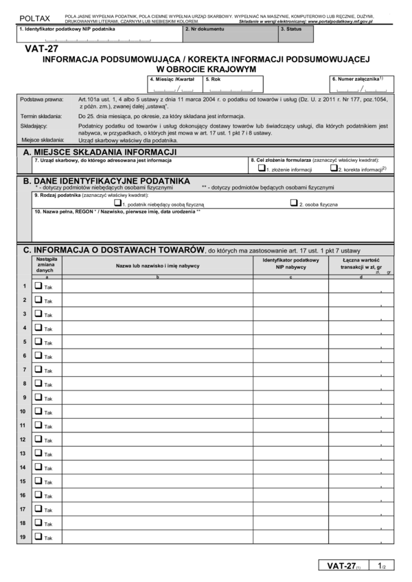 VAT-27(1) - Informacja podsumowująca / korekta informacji podsumowującej w obrocie krajowym (za okresy miesięczne) VAT-27(1) - Informacja podsumowująca / korekta informacji podsumowującej w obrocie krajowym (za okresy miesięczne) - druki.gofin.pl